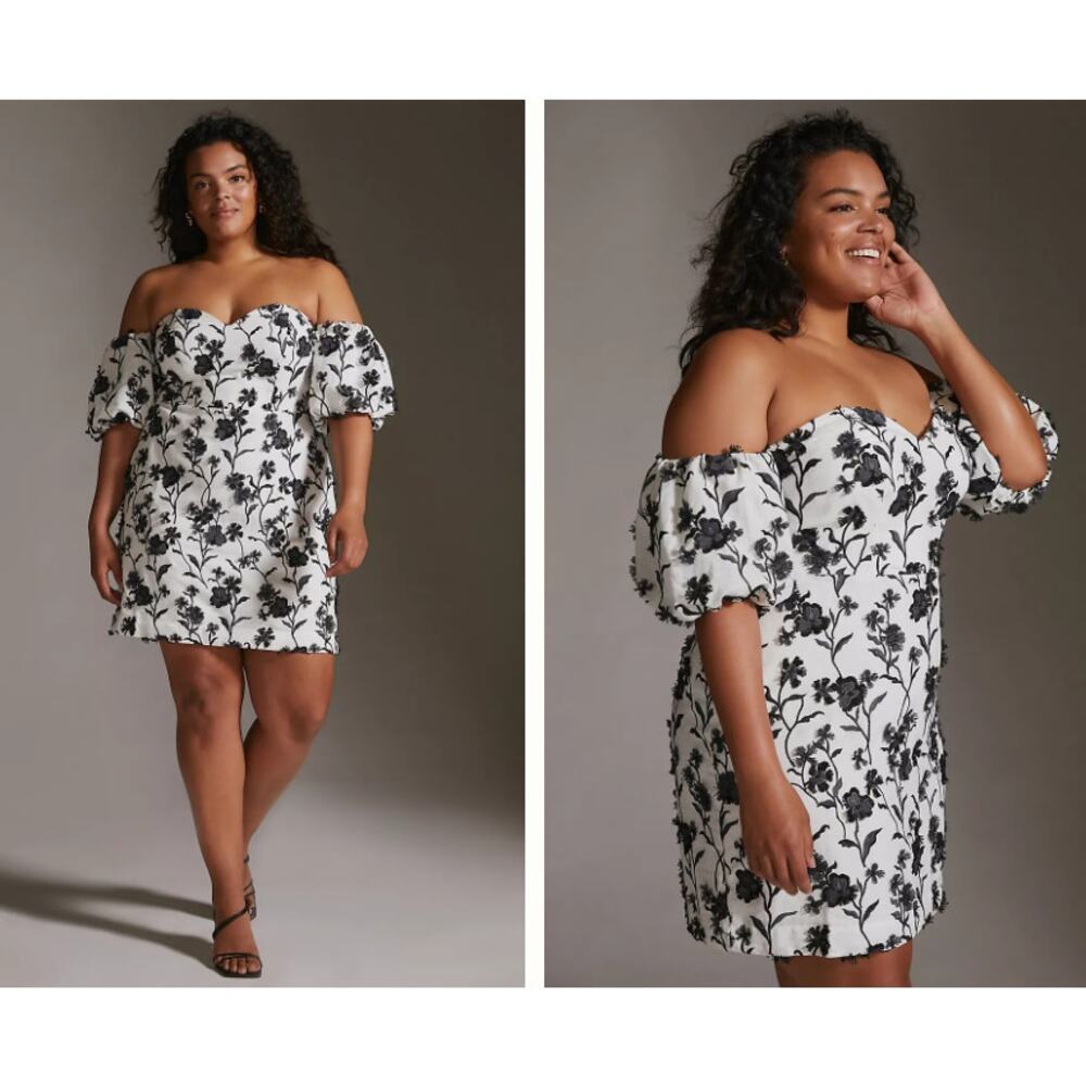 Anthropologie Sabrina Puff-Sleeve Appliqué Mini Dress Womens 14 Black White